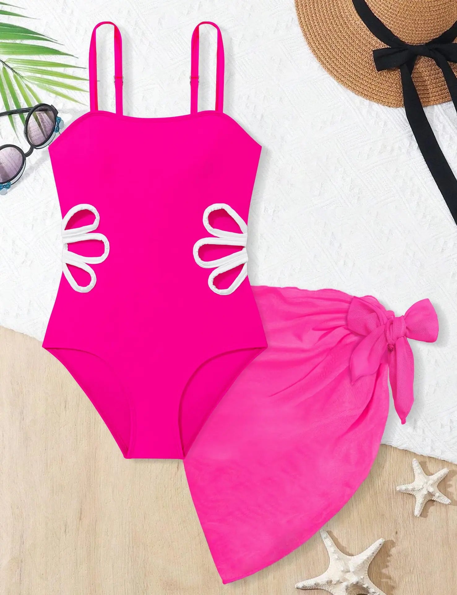 Kids Girls One-piece Swimsuit with Cover-ups Summer Teenager Swimwear Toddlers Bikini Sets Fashion Children Beach Wear Monokini