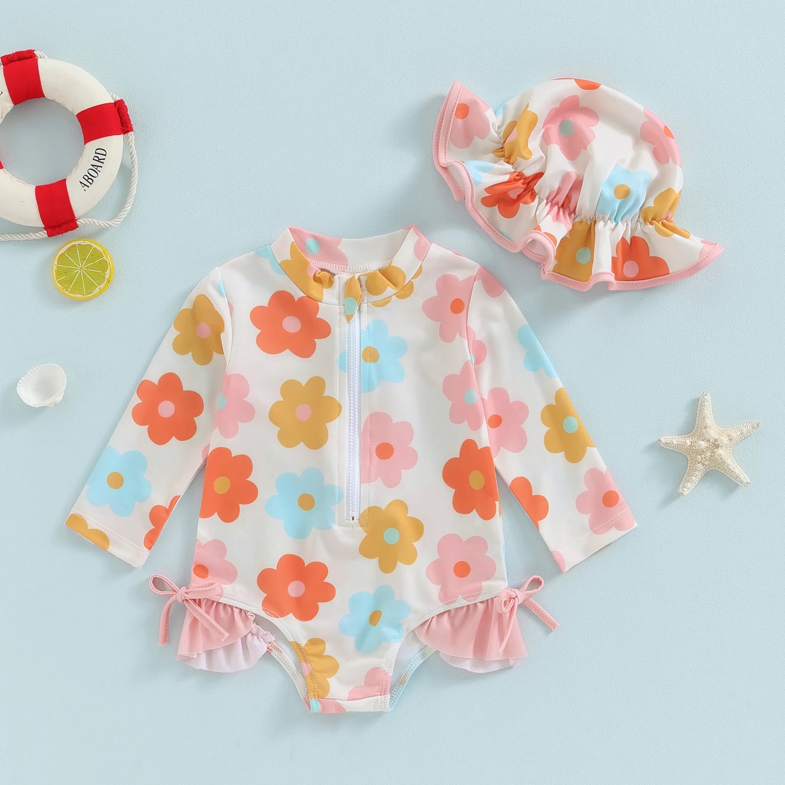 FOCUSNORM 0-24M Summer Baby Girls Rash Guard Swimsuits Long Sleeve Floral Print Zipper Swimwear and Sun Hat