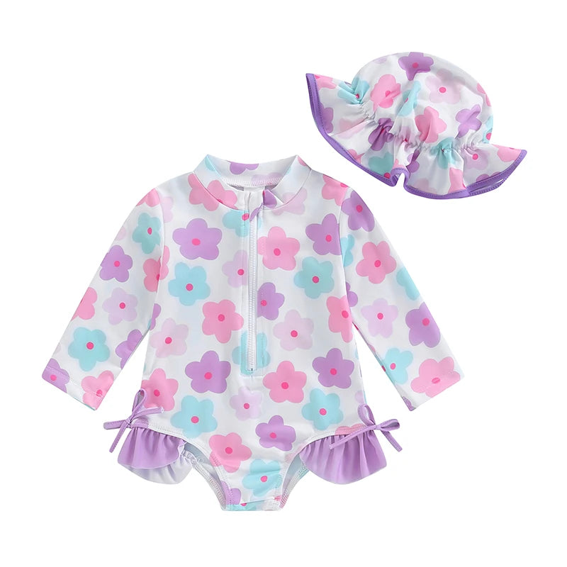 FOCUSNORM 0-24M Summer Baby Girls Rash Guard Swimsuits Long Sleeve Floral Print Zipper Swimwear and Sun Hat