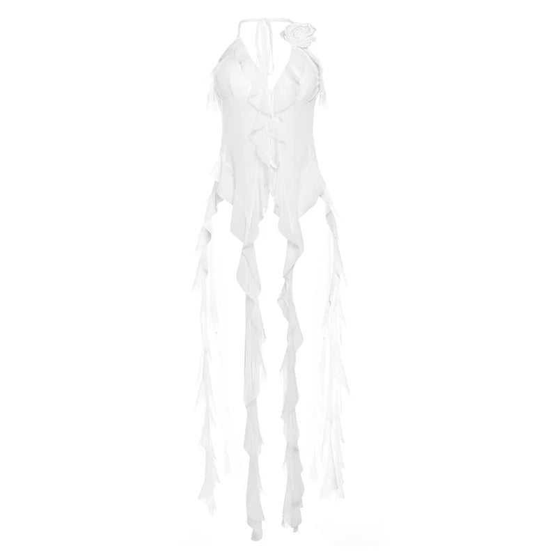 Weird Puss Ruffles Flowers Tank Tops Women Mesh Summer Sexy Deep V-Neck Irregular Tassel Halter Backless Camisole Wild Street