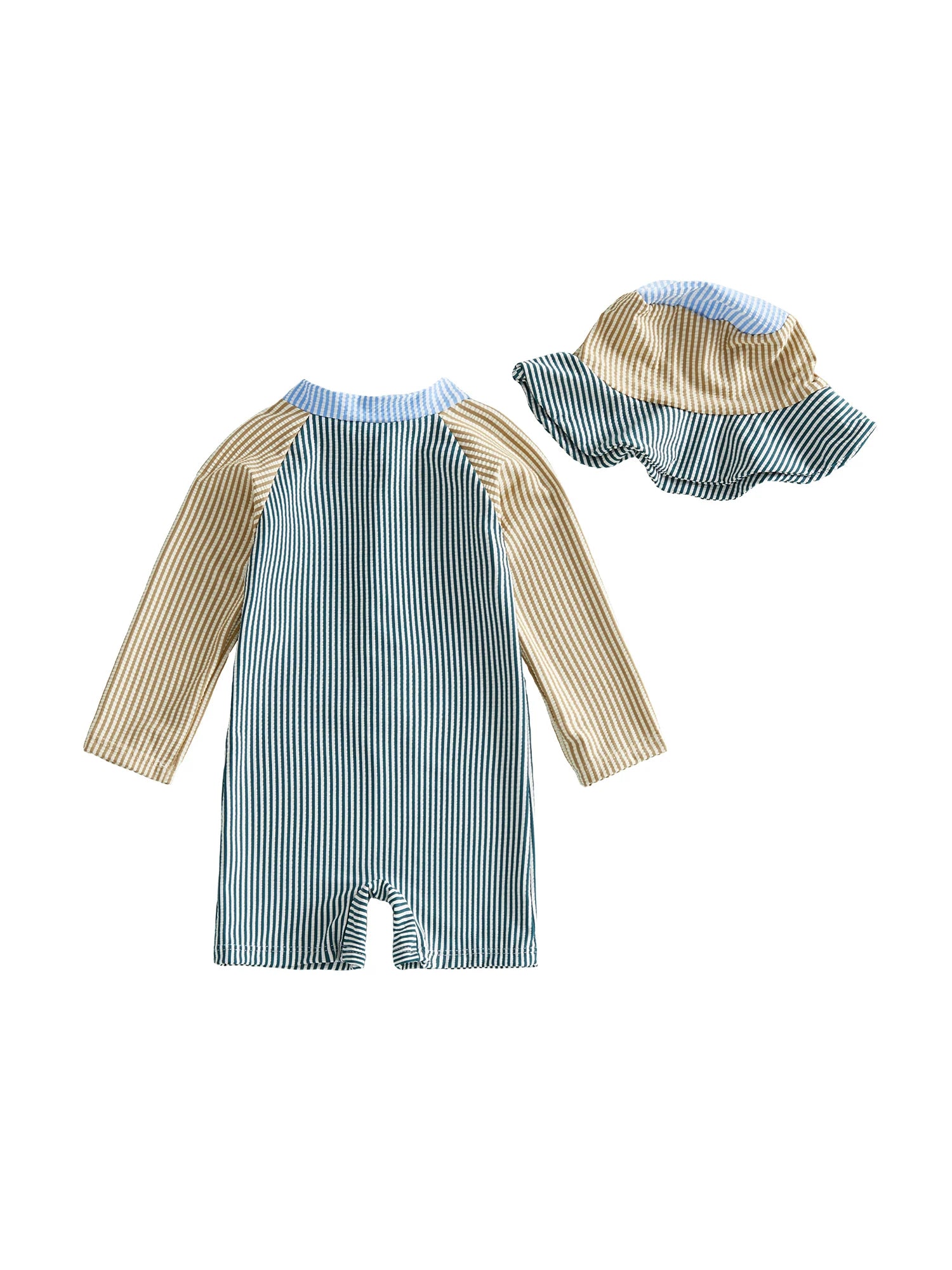 0-24M Newborn Baby Boy Rash Guard Swimsuits Contrast Color Stripes Print Long Sleeve Zip Up Bathing Suit with Sun Cap