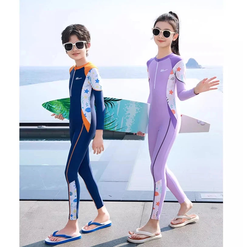 Girls And Boys Swimwear One Piece Long Sleeve Swimsuit Kids UV Protection Front Zipper Children Swimming Suit Summer Beachwear