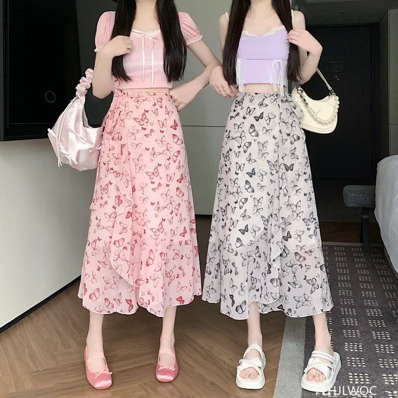 Wrap Up Chic Korea Clothes Women Cute Girls Floral Robe Holiday Beach Date High Waist Retro Vintage One-Piece Lace-Up Skirts