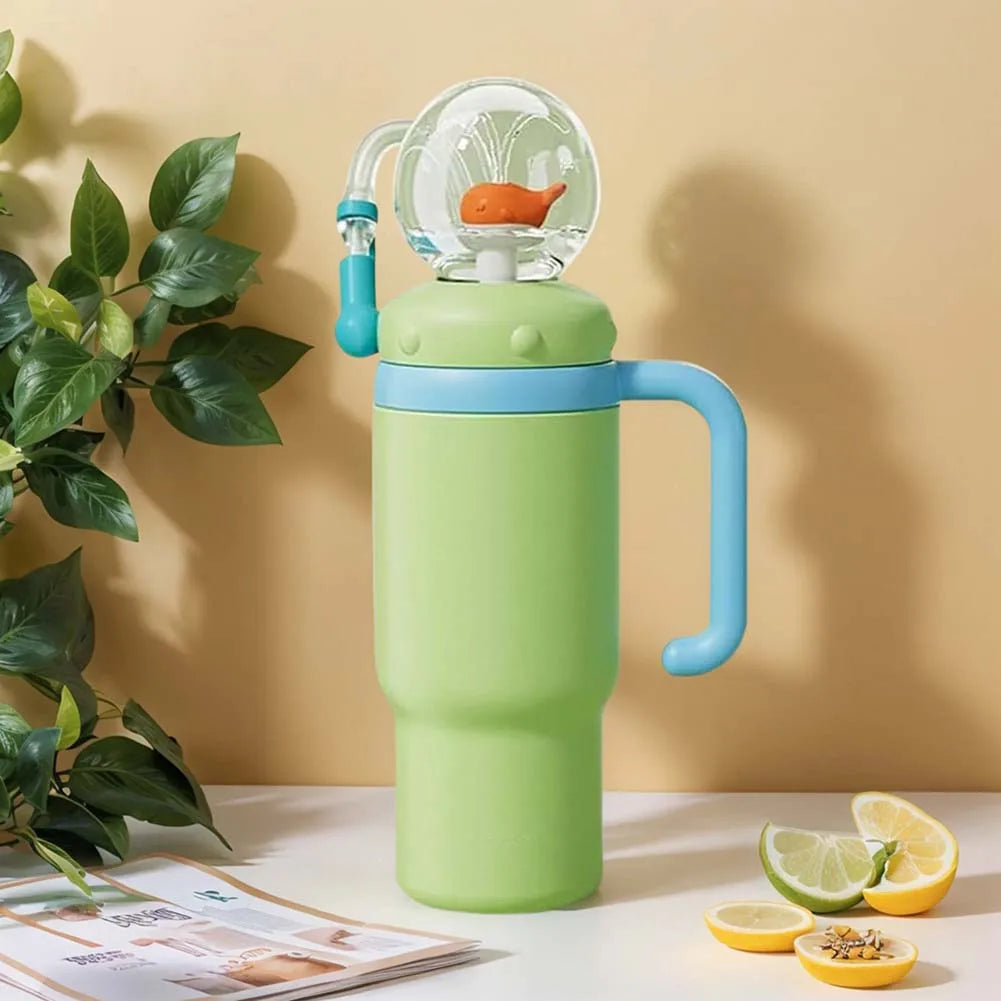 710ML Stainless Steel Whale Fountain Tumbler with Handle Leak Proof Whale Squirt Drinking Cup Water Bottle with Straw Creative G