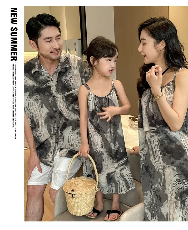 2025 Vacation Look Family Clothes Couple Beach Wear Brother Sister Dad Son Print Shirts Mom Daughter Matching Sleeveless Dress