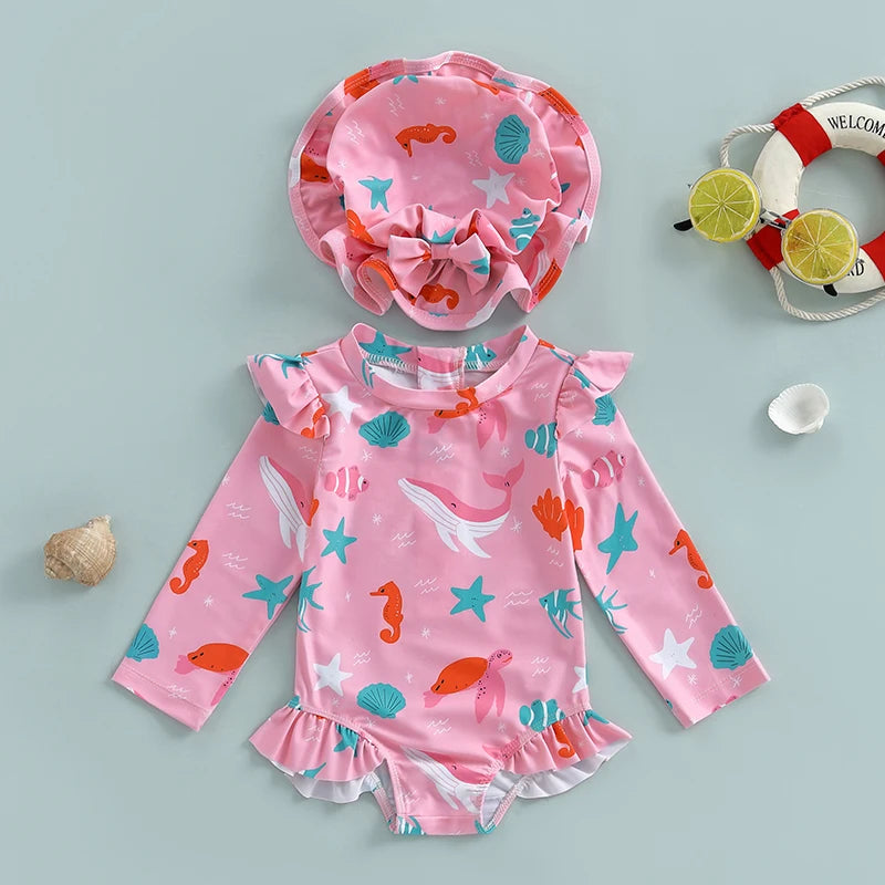 Children Baby Girl Rash Guard Long Sleeve Swimwear with Sun Hat Bathing Suit Infant Swimsuit Newborn 2 Piece Beachwear