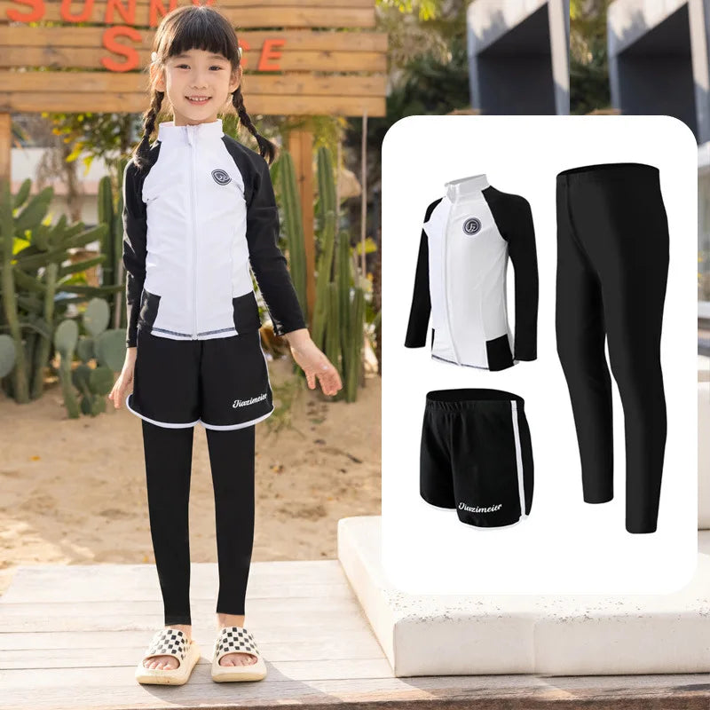 Girls/Boys Rash Guards 3 Pieces/Set Swimsuit Long Sleeve Bathing Suit Shirt+Shorts+Long Pants Sun Protective Beachwear