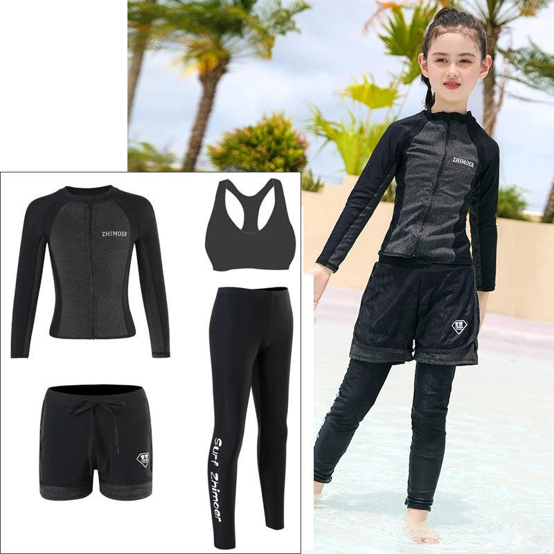 Girls Youth Long Sleeve Swimsuit Four Piece Rash Guard Bathing Suit Zip Tops Long Pants Swimwear Kids Bathing Suit Athletic