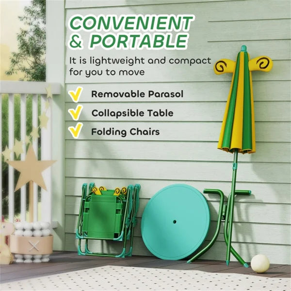 Cute Monkey Kids Patio Table Chair Set with Removable Cartoon Sun Umbrella, Foldable Portable Outdoor Toddler Furniture, 2 Folding Chairs Round Metal Table, Space Saving Kids Play Dining Set for Backyard Garden Lawn Picnic Be