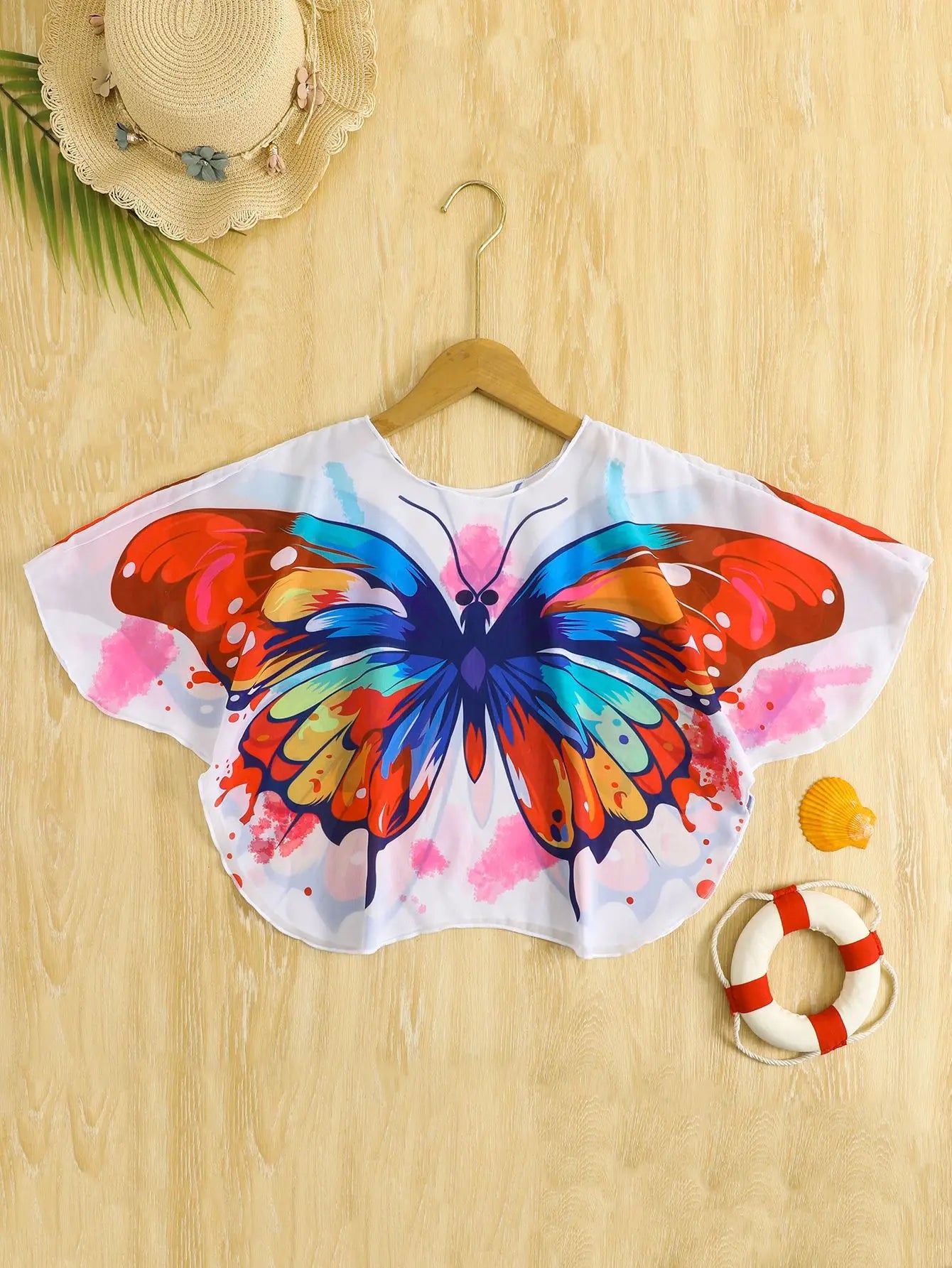 Kids Girls Butterfly Print Sunscreen Shirt Mesh Clothing for Beach Swimming Children's Swimwear Cover-Up Outerwear Single Piece