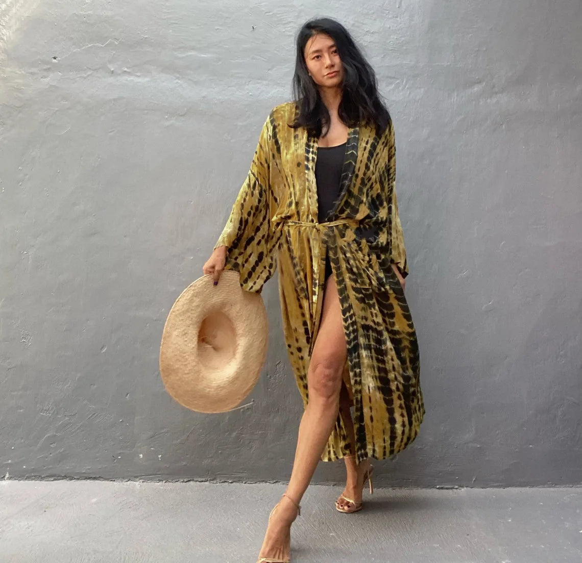 Women's Boho Stripe Tie Dye Swimsuit Cover Up with Belt Tunic Sarong Cardigan Dress Bikini Cover-ups Beach Wear Kimono
