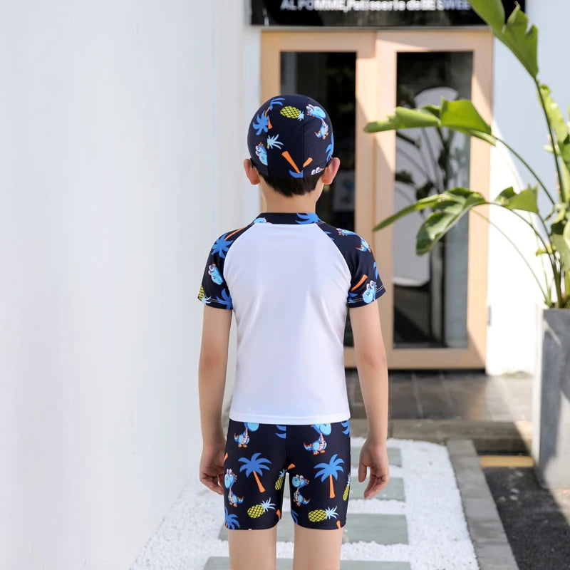 Kids Boy Swimsuit Summer Children Board Shorts Sets Boys Split Short Sleeve Quick Drying Boys Swimwear Beach Surfing Swimsuits