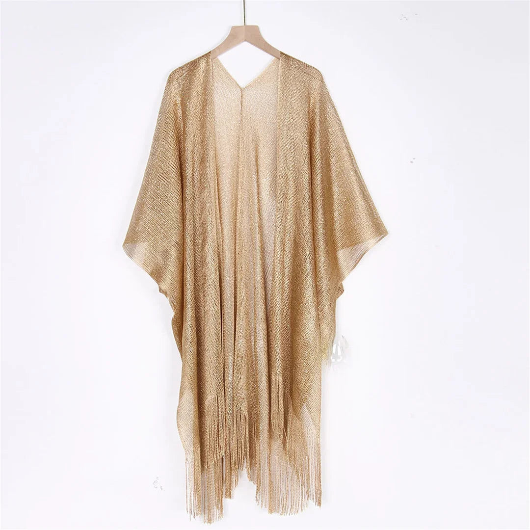 Sexy Fringe Tassel Sheer Knitted Beach Cover Up Dress Shiny Mesh Tunic for Women Swimwear Mesh Cover Lightweight Beach Dress