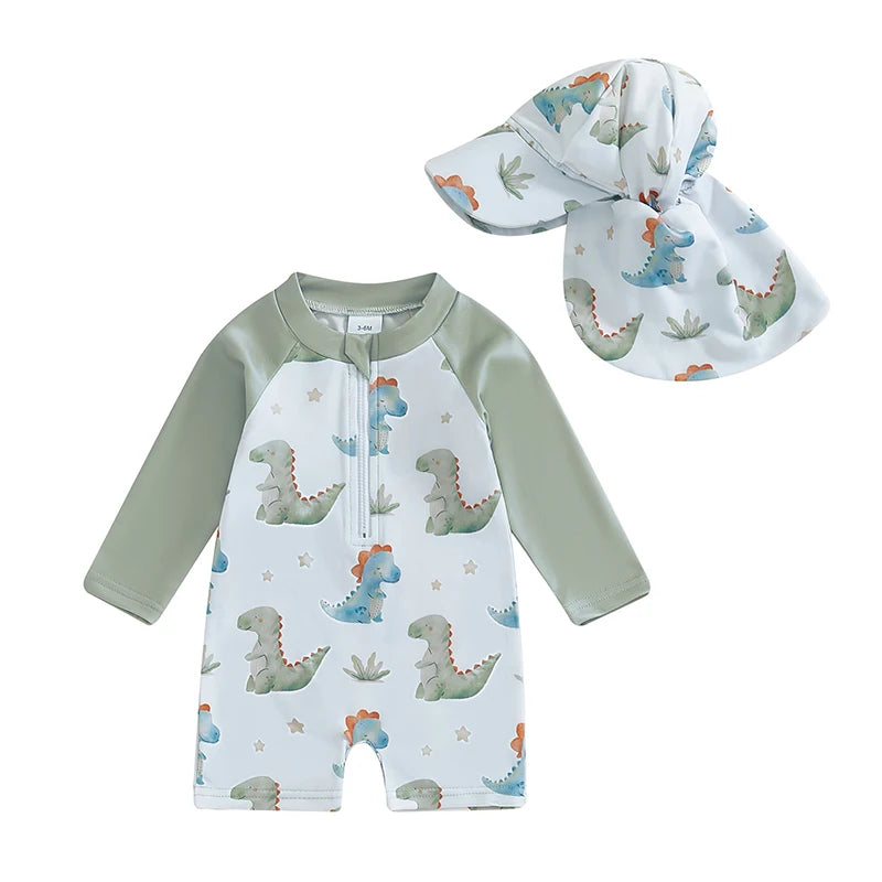 Toddler Boys Rash Guard Swimsuit Children Sportswear Dinner/Crab Print Long Sleeve Zip Bathing Suit with Swim Cap