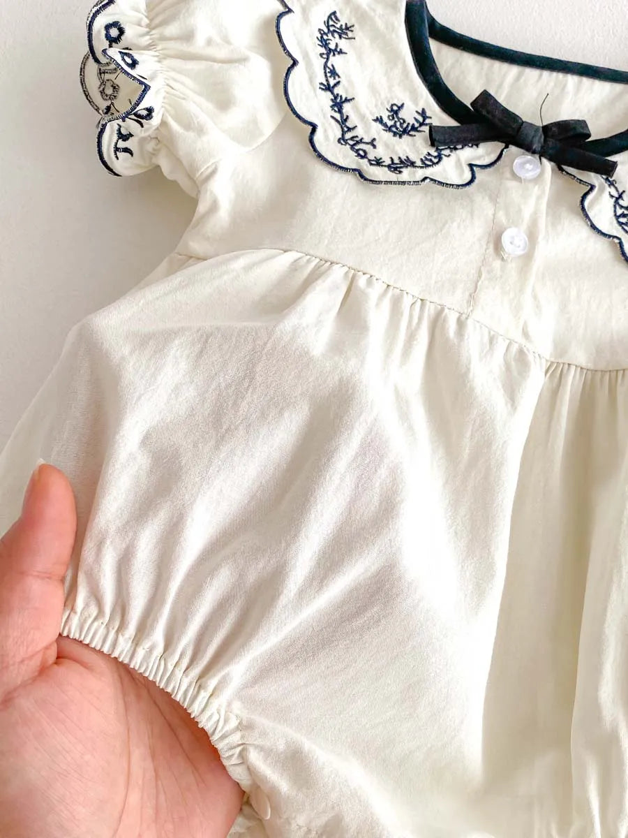 Baby Summer Embroidered Lapel Short Sleeve Triangle Jumpsuit Girl Baby Sweet Cute Jumpsuit with Bow for Summer Toddlers and Baby