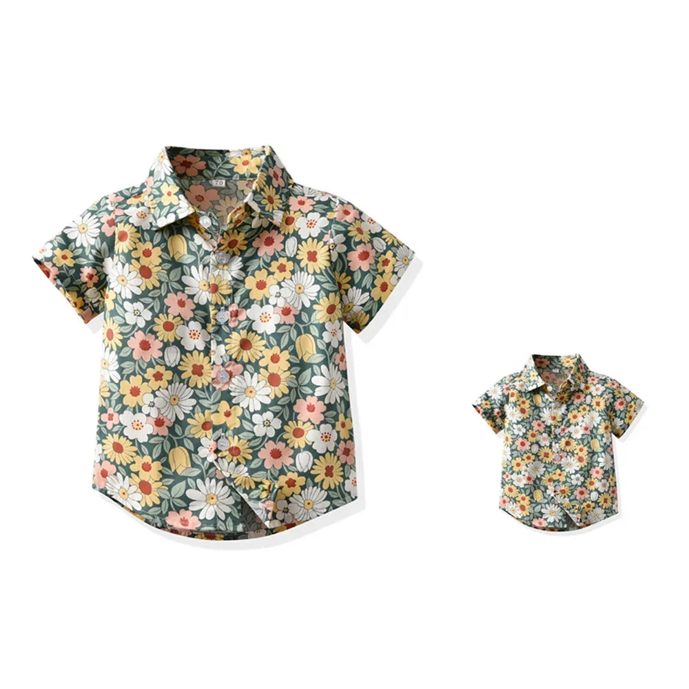 Boy Hawaiian Flower Shirt  Lapel Short Sleeve Father Kid Shredded Casual Cardigan Parent Child Clothe Button Summer Beach Blouse