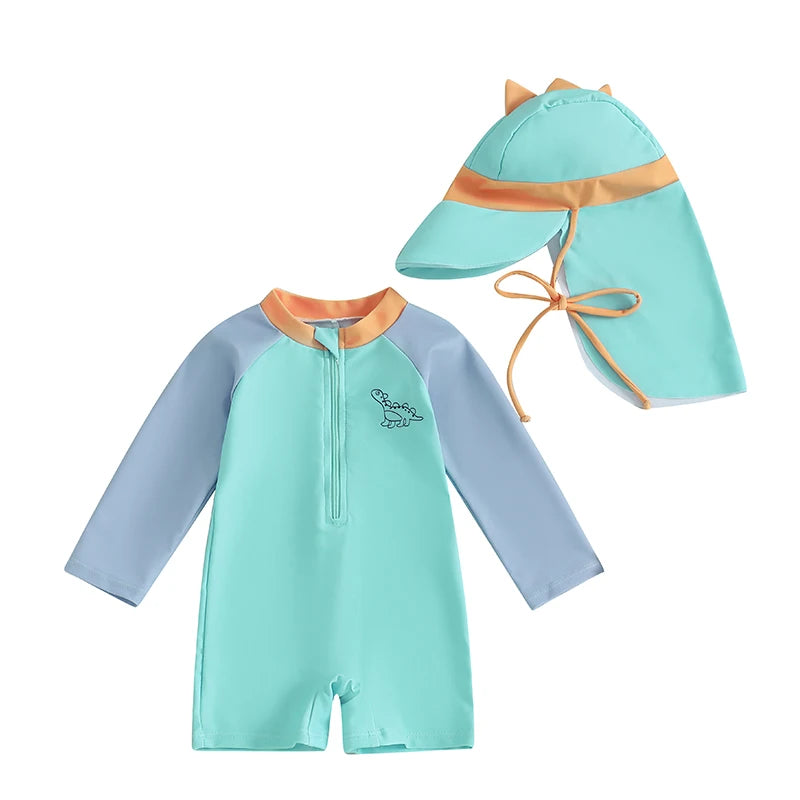0-3T Newborn Toddler Boys Rash Guard Swimsuit Contrast Color Dinosaur Print Long Sleeve Mock Neck Zip Bathing Suit with Hat
