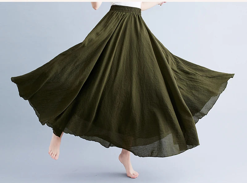 Boho Cotton Linen Beach Long Skirt Women Vintage Casual Solid A-line High Waist Dance Floor-Length Maxi Skirt Spring Summer New