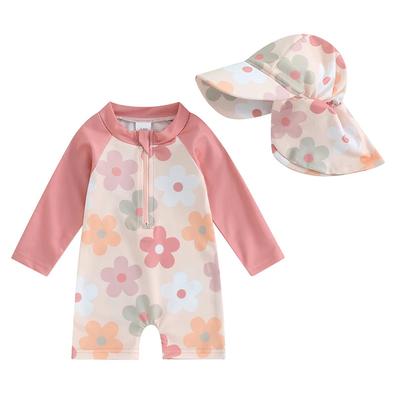 Tregren 0-3Y Toddler Girls Rash Guard Swimsuit with Swim Cap Long Sleeve Floral/Tropical Tree Print Zip Up Swimwear Bathing Suit