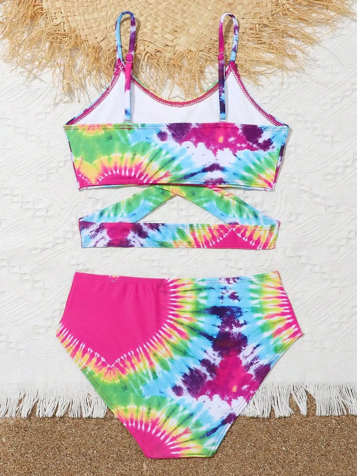 Girls Two Pieces Tie Dye Heart Print Bikini Kids Cross Wrap High Waist Swimsuit 7-12 Years Children's Bathing Suit Teens Pink