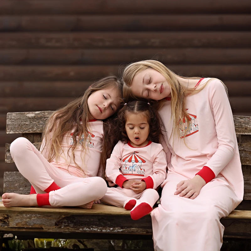 Summer Family Matching Set Long Sleeve Pajamas Brother and Sister Matching Pink and Blue Carousel Soft Print Sibling Clothes