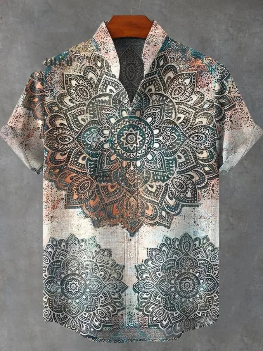 Summer Men's Printed Short Sleeve Shirt Vintage Linen Shirt Men's Festival Casual Short Sleeve Top Street Trend Fast Delivery