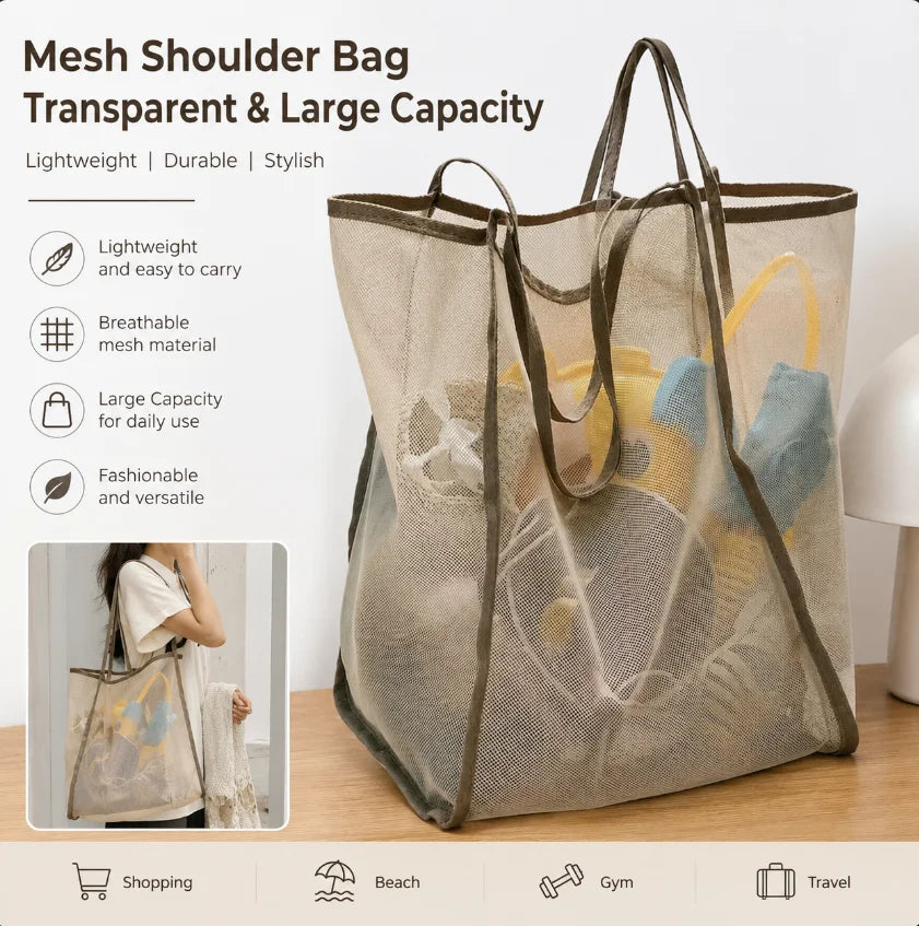 Mesh Beach Bag Lightweight, Breathable & Quick-Dry Travel Tote for Beach Trips Outdoor Activities, and Storage of Towels Toys