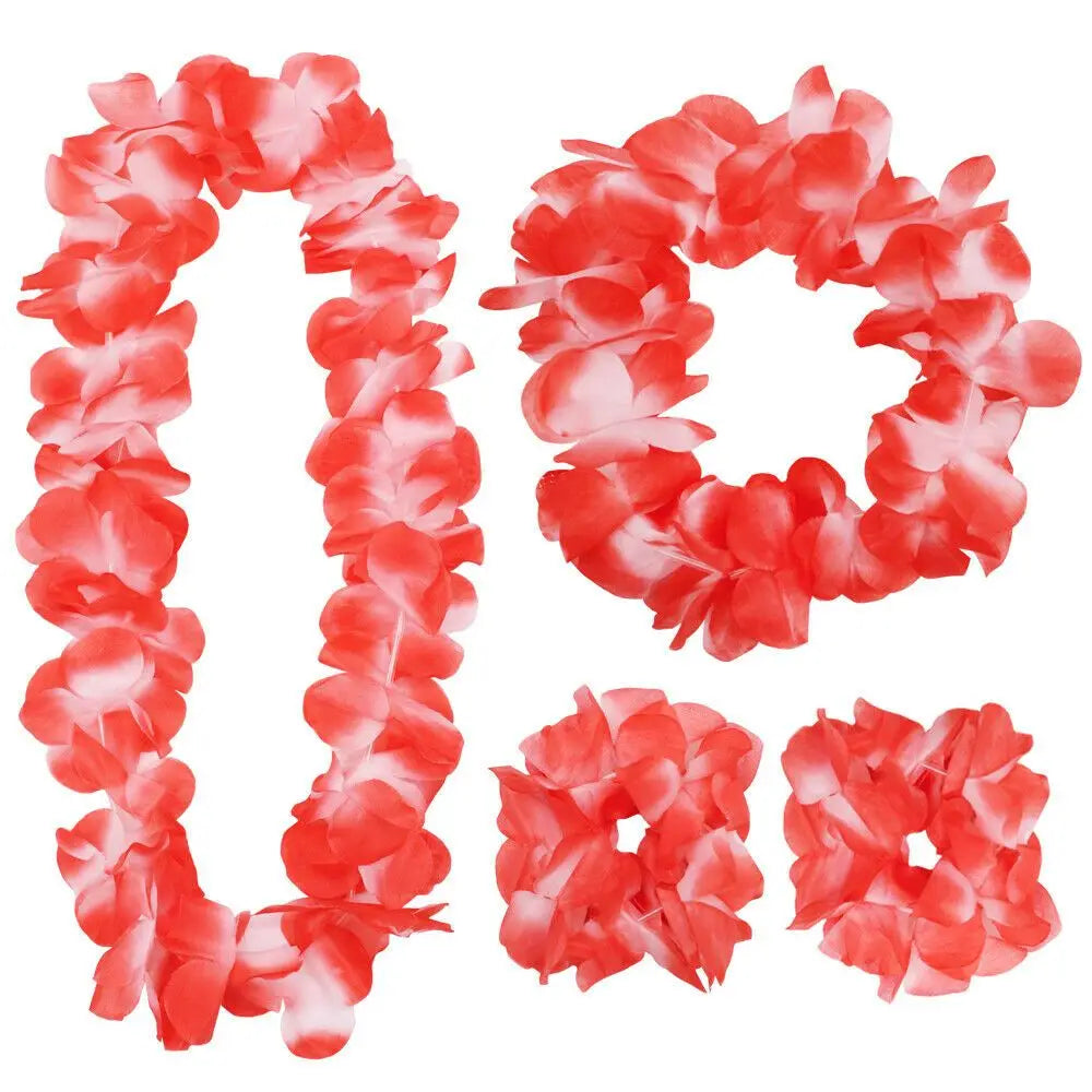 4pcs/set Hawaiian Flower Lei Hula Necklace Garland Headband Wristbands Wedding Decorations Beach Tropical Party Supplies