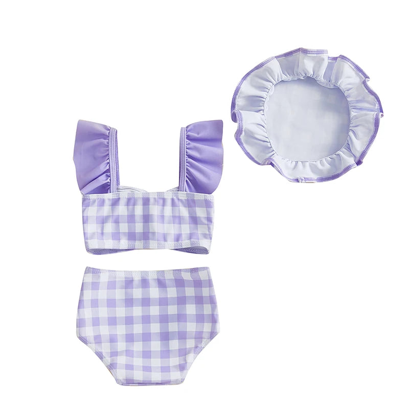 0-3T Toddler Girl Bikini Set Swimsuit Plaid Print Flutter Sleeves Tank Tops with Shorts and Hat Bathing Suit 3 Pcs Beachwear