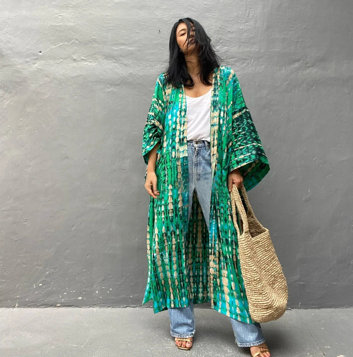 Women's Boho Stripe Tie Dye Swimsuit Cover Up with Belt Tunic Sarong Cardigan Dress Bikini Cover-ups Beach Wear Kimono