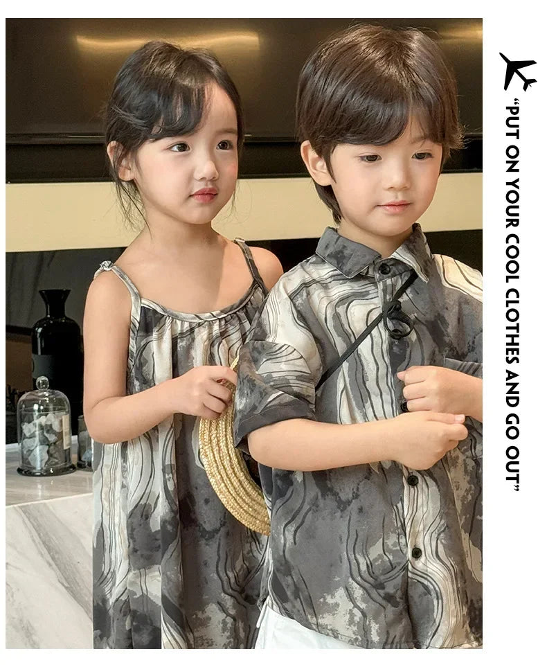2025 Vacation Look Family Clothes Couple Beach Wear Brother Sister Dad Son Print Shirts Mom Daughter Matching Sleeveless Dress