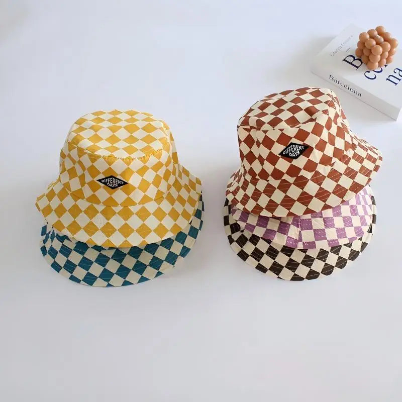 Stylish Kids Bucket Hat Checkerboard Plaid Pattern Sun Hat Breathable Wide Brim Cap For Boys And Girls