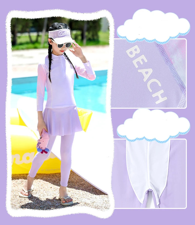 Two Piece Long Sleeve Girls Swimwear With Skirt Burkini Swimsuit Kids Children Modest Swimming Suit Sun Protection Beachwear