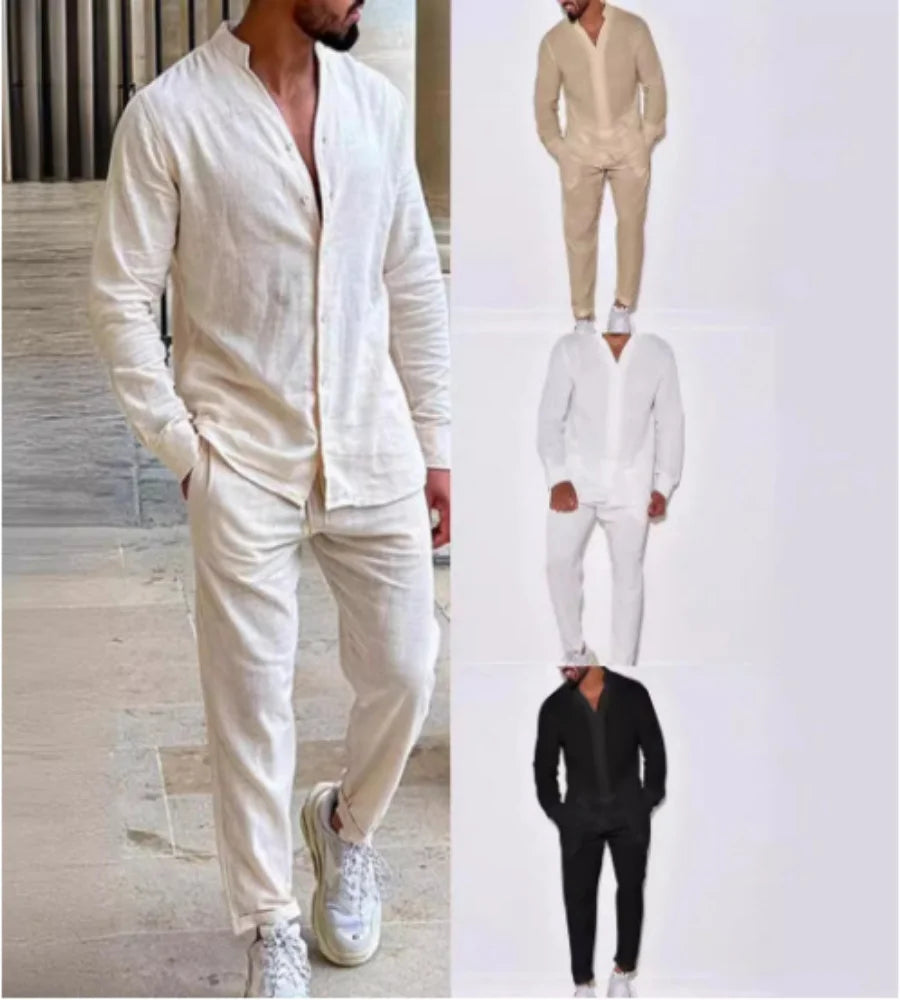 Men's casual cotton and linen suit, fashion comfortable linen solid color stand collar shirt street loose long sleeve two-piece