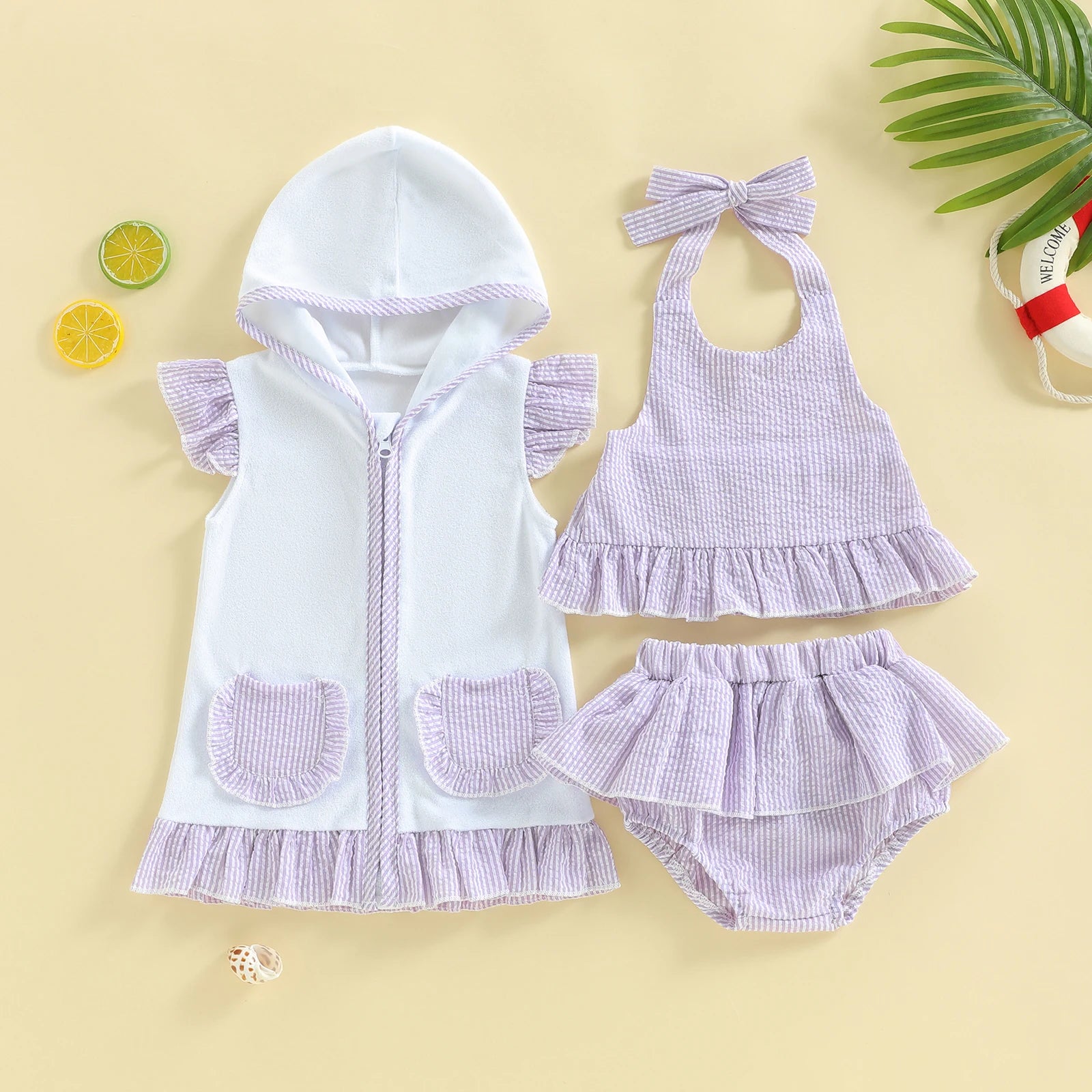 FOCUSNORM 0-3Y Lovely Toddler Baby Girls Three Piece Swimsuit Sleeveless Halter Top Bikini Bottom Cover-up Set Bathing Suits