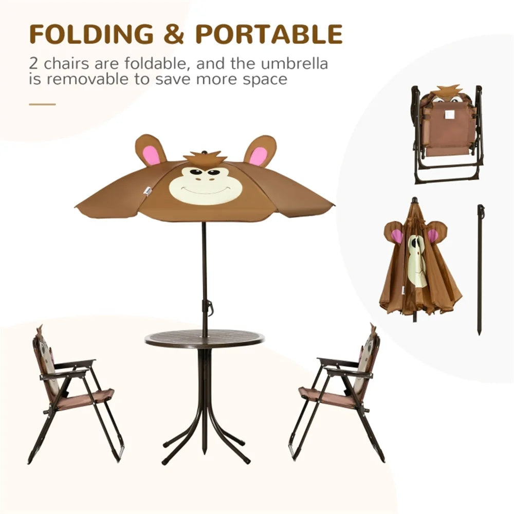 Cute Monkey Kids Patio Table Chair Set with Removable Cartoon Sun Umbrella, Foldable Portable Outdoor Toddler Furniture, 2 Folding Chairs Round Metal Table, Space Saving Kids Play Dining Set for Backyard Garden Lawn Picnic Be