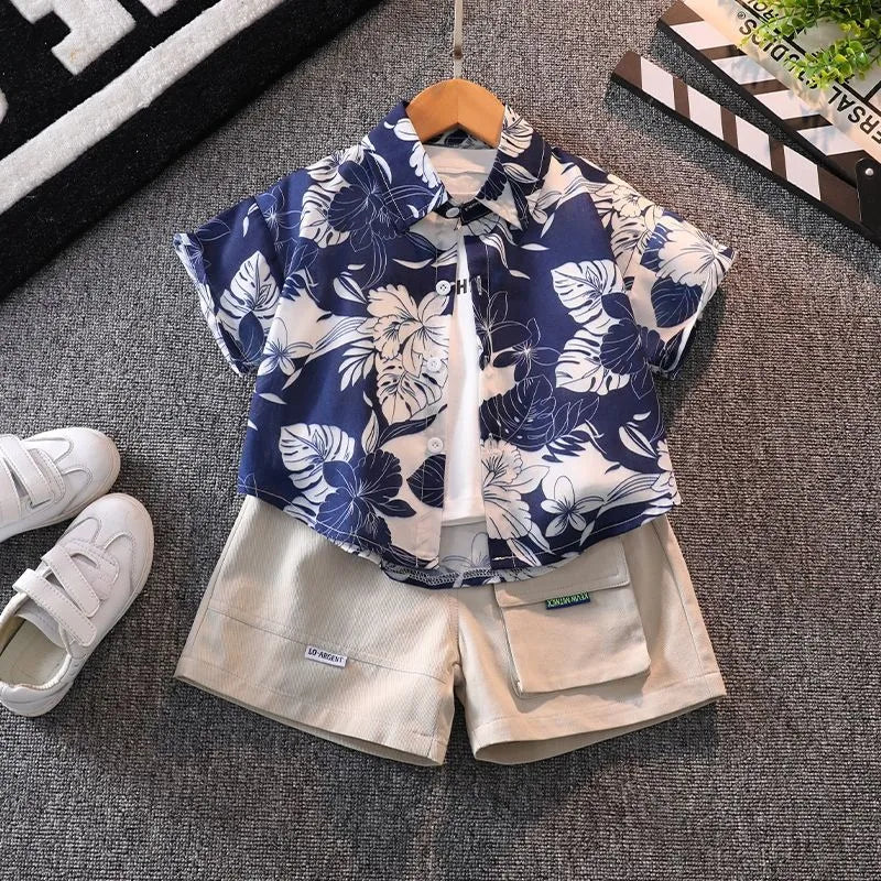 Retro Floral Print Boy's Short Sleeve Shirt Kids Summer Clothing Trendy Stylish Beach Vacation Top for Children Ages 3-10