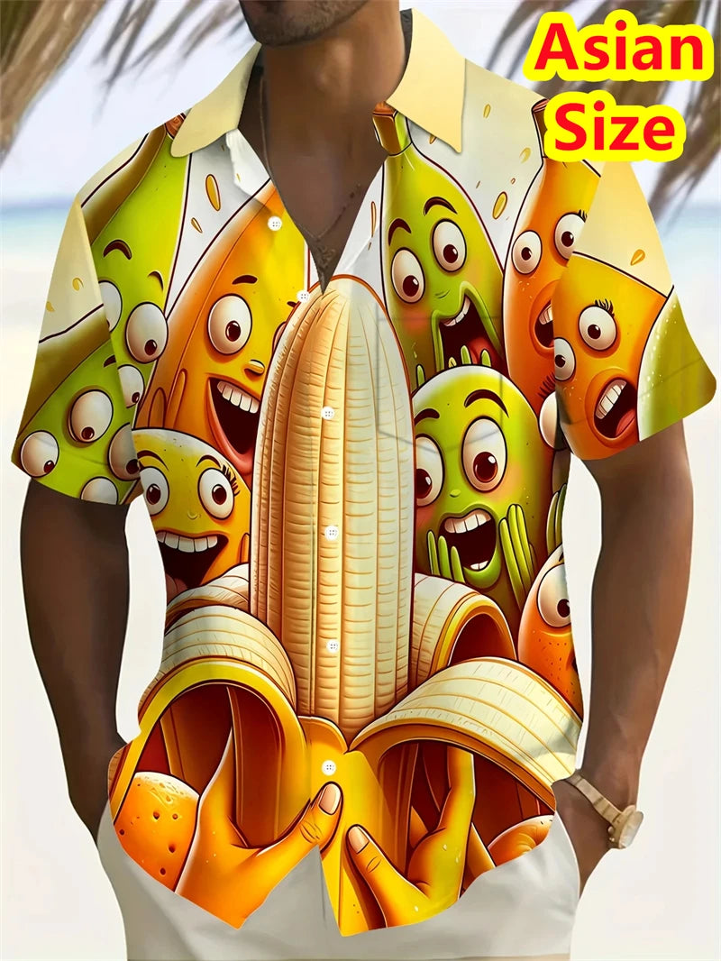 Hawaiian Men's Shirt Abstract Banana Pineapple 3D Printing Tee 2025 Funny Fruit Summer Blouse Lapel Short Sleeves Shirts Tops