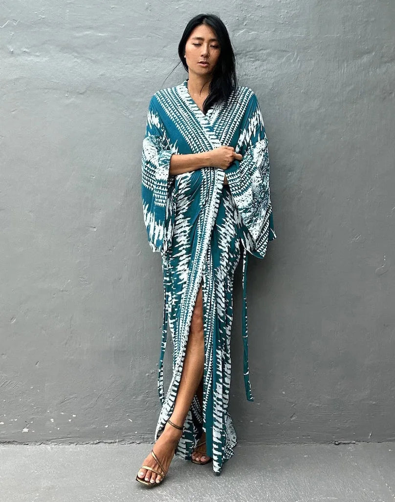 Beach Cover Ups Women Tie Dye Printed Kimono Cardigan Self Belted Wrap Dresses Summer Holiday Bathing Suits