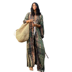 Beach Cover Ups Women Tie Dye Printed Kimono Cardigan Self Belted Wrap Dresses Summer Holiday Bathing Suits
