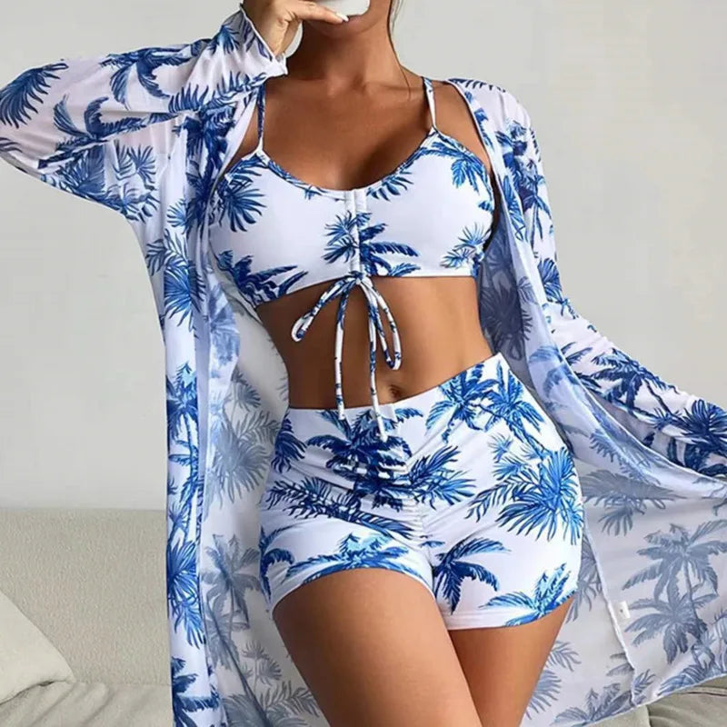 Summer Print Swimsuits Tankini Sets Female Swimwear Sports Beach Wear Three-Piece Bathing Suits Pool Women's Swimming Suit