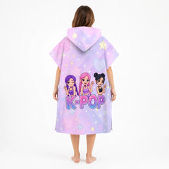K-Pop Style Hooded Poncho Towel for Kids Adults Flat Print Purple Idol Cartoon Girls Bath Robe Beach Changing Towel Wrap
