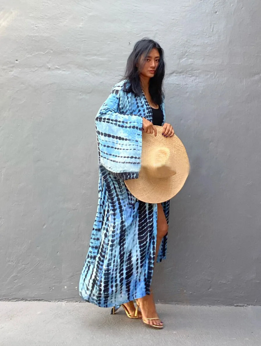 Women's Boho Stripe Tie Dye Swimsuit Cover Up with Belt Tunic Sarong Cardigan Dress Bikini Cover-ups Beach Wear Kimono