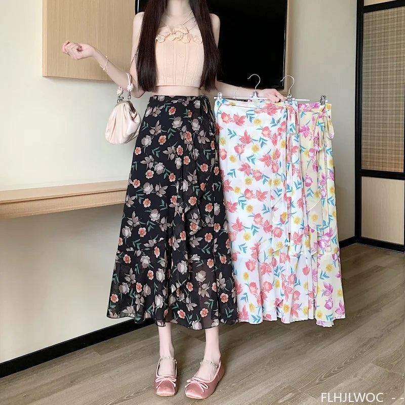 Wrap Up Chic Korea Clothes Women Cute Girls Floral Robe Holiday Beach Date High Waist Retro Vintage One-Piece Lace-Up Skirts