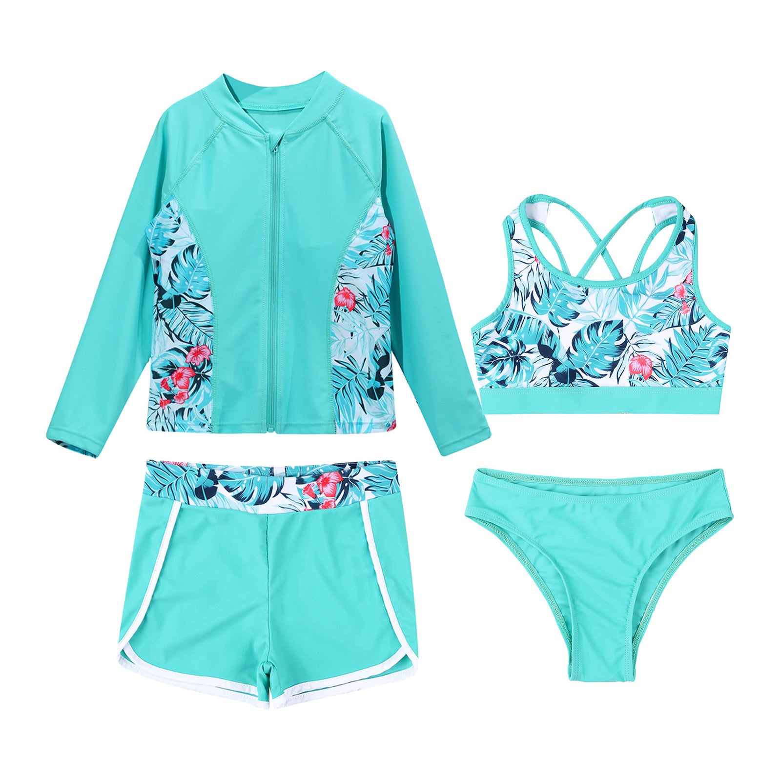 Kids Girls 4PCS Printed Swimsuit Long Sleeve Outerwear with Sleeveless Crop Top Briefs Shorts Bathing Suit Rash Guard Swimwear