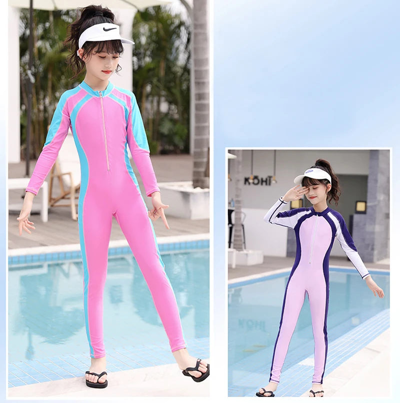 One Piece Girls Swimwear Full Cover Long Sleeve Swimsuit Kids Sun Protection Swimming Suit Teenage Korean Style Bathing Suit