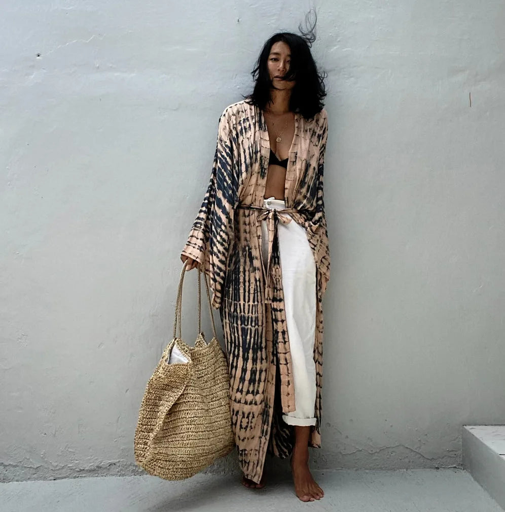 Women's Boho Stripe Tie Dye Swimsuit Cover Up with Belt Tunic Sarong Cardigan Dress Bikini Cover-ups Beach Wear Kimono
