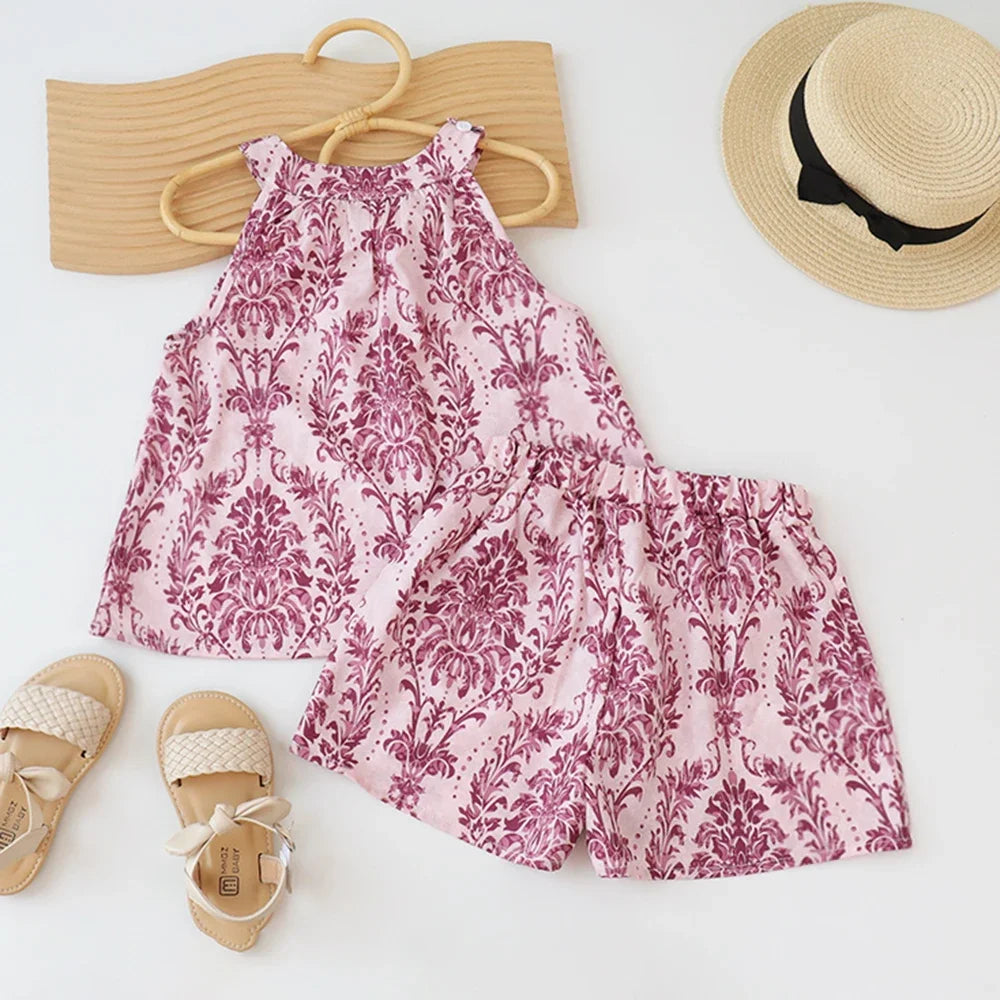 2024 New Girls Outfit Summer Small Floral Halterneck Sleeveless Suspender Set Girl Refreshing Shorts Two-Piece Set