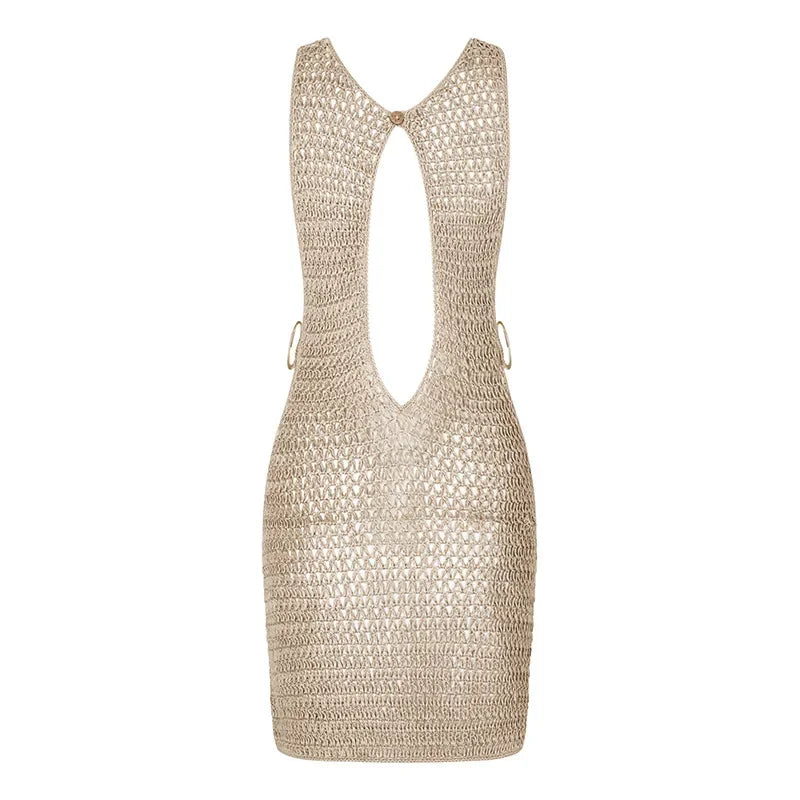 2024 Summer Sexy One Neck Cut Out Circle Decoration Corset Slim Beach Mini Dress Women Seaside Beachwear Swimwear Cover Up A2796