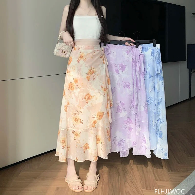 Wrap Up Chic Korea Clothes Women Cute Girls Floral Robe Holiday Beach Date High Waist Retro Vintage One-Piece Lace-Up Skirts